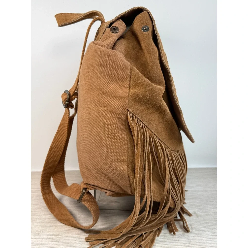 Brown Suede Fringe Backpack Boho Western Concho Whipstitch Festival Backpack Bag
